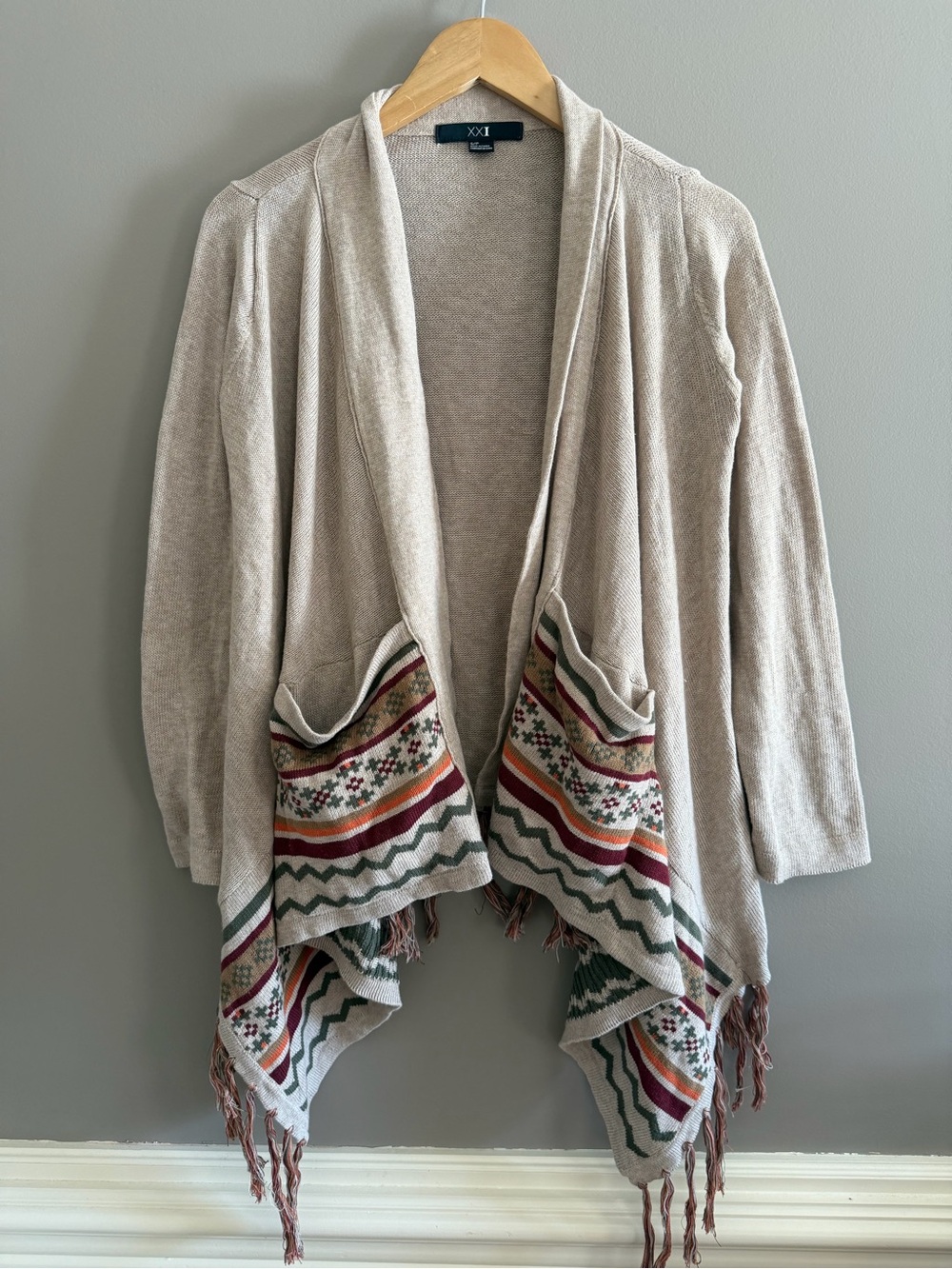 Forever 21 Taupe Open-Front Cardigan with Southwestern Trim Fringe Cotton Small